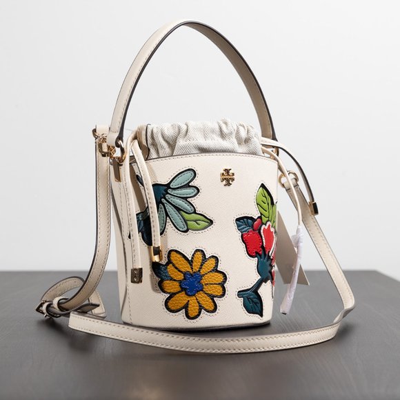 NWT Tory Burch Emerson Floral Printed Mini Bucket Bag Logo Crossbody